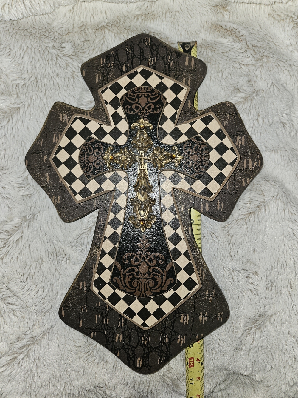 Decorative Checkerboard Cross Wall Plaque - Brown & Black & Cream